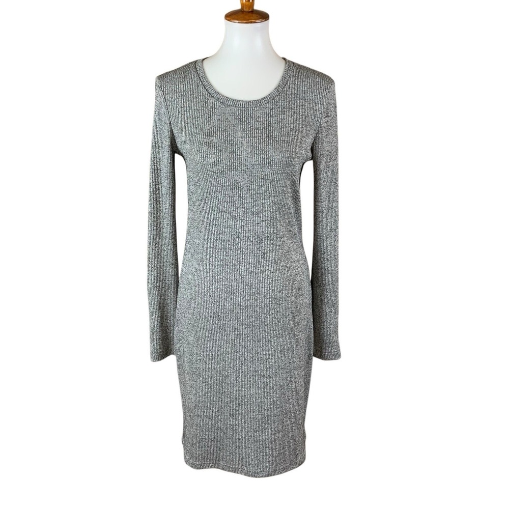 Noisy May Gray Ribbed Long Sleeve Bodycon Mini Dress Neon Yellow Zipper Medium